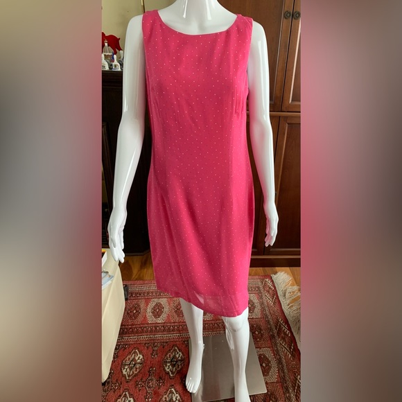 Beautiful fuchsia pink sheer rayon dress with tiny multicolor polka dots size M - Picture 3 of 16